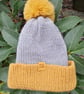 Ladies' Grey and Mustard Yellow Handmade Knitted Bobble Hat