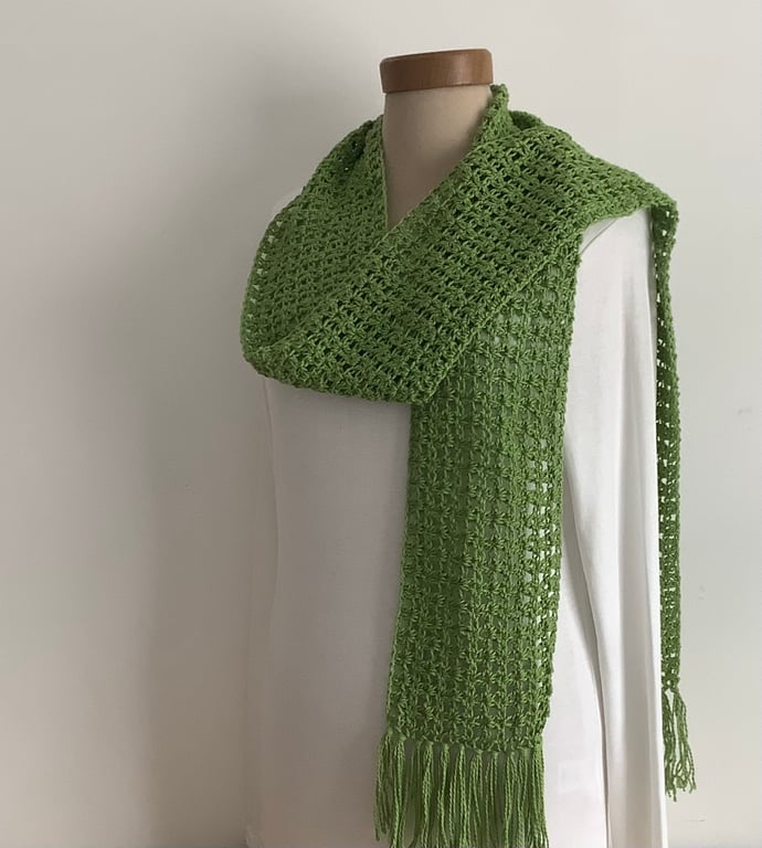 COTTON  and SILK scarf. 'Wayside' . Lightweight , all-seasons. Grass green.