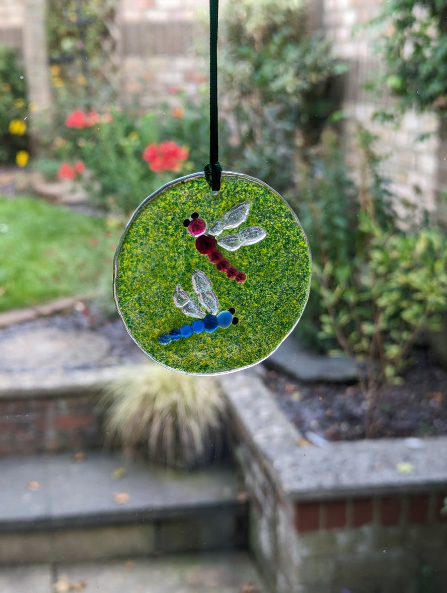 Fused Glass Round Dragonfly Hanger Suncatcher