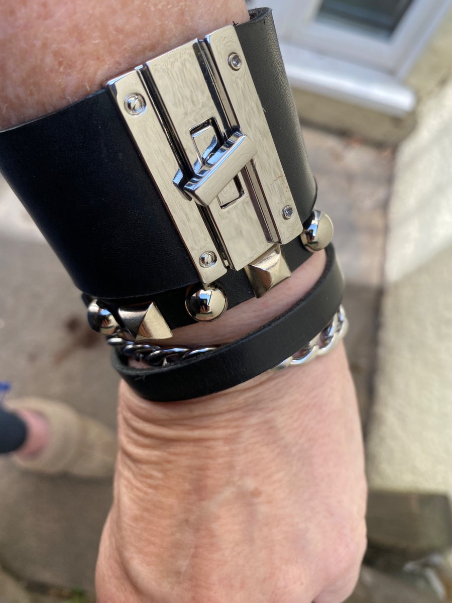 Leather twist lock clasp Cuff set, Italian black leather and stainless steel har