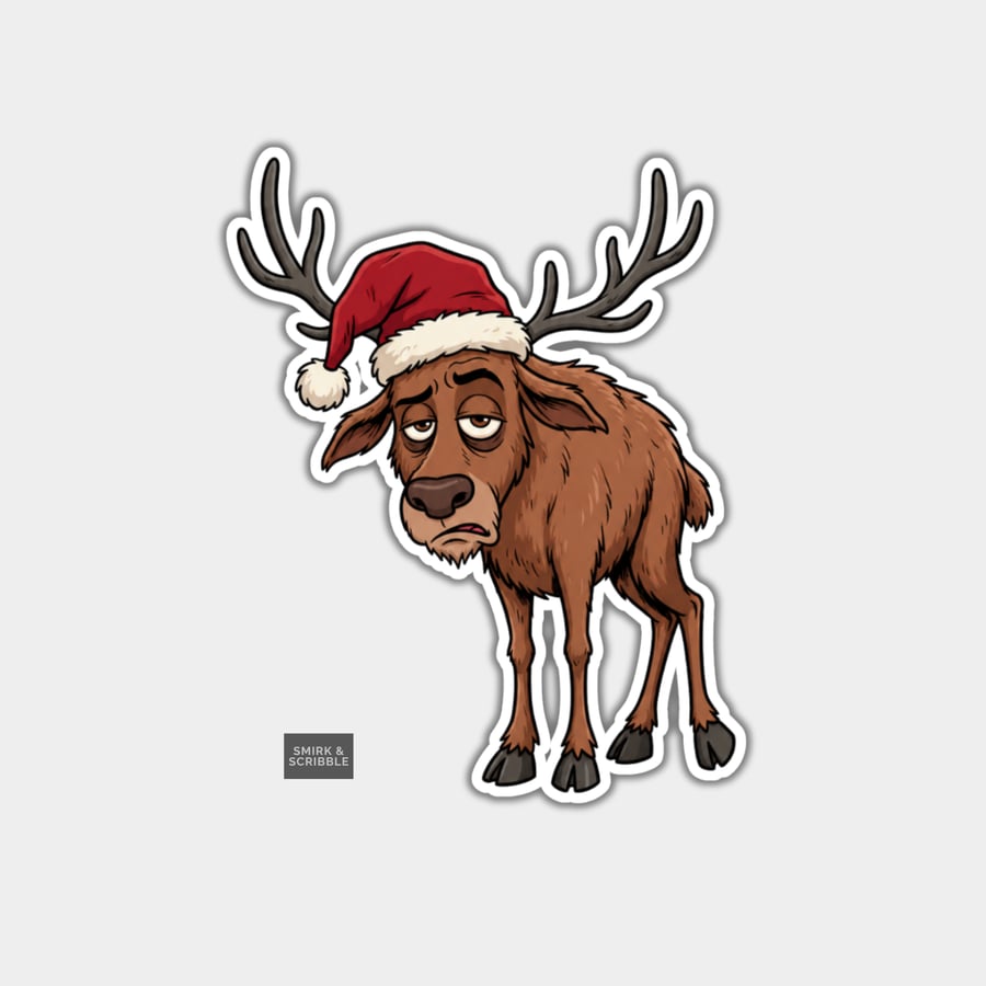 Unique Funny Christmas Sticker Xmas Decal - Exhausted Reindeer