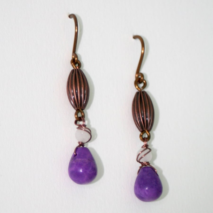 Purple howlite and white quartz earrings