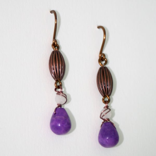 Purple howlite and white quartz earrings