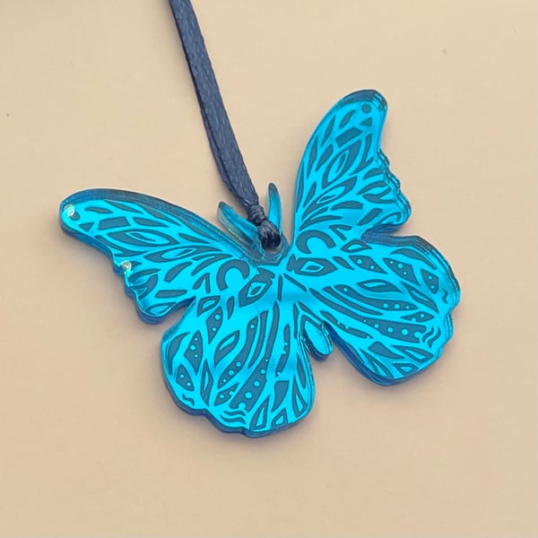 Blue mirrored acrylic butterfly decoration