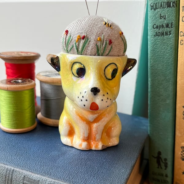 Pin cushion in a vintage dog egg cup embroidered flowers and bee