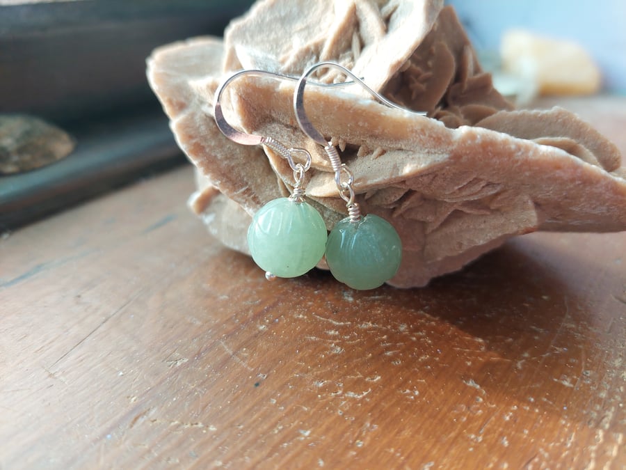 Sterling Silver Aventurine Carved Rose Earrings