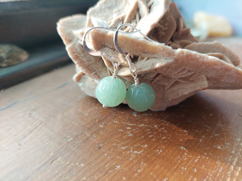 Sterling Silver Aventurine Carved Rose Earrings