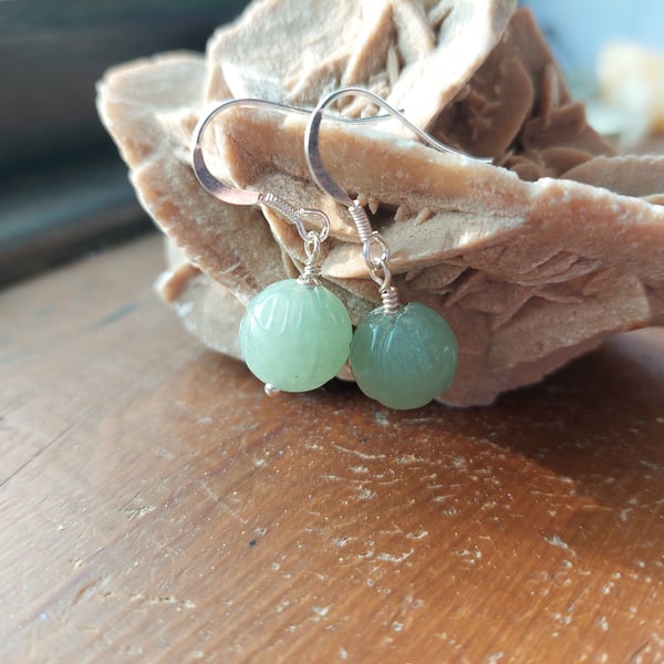 Sterling Silver Aventurine Carved Rose Earrings