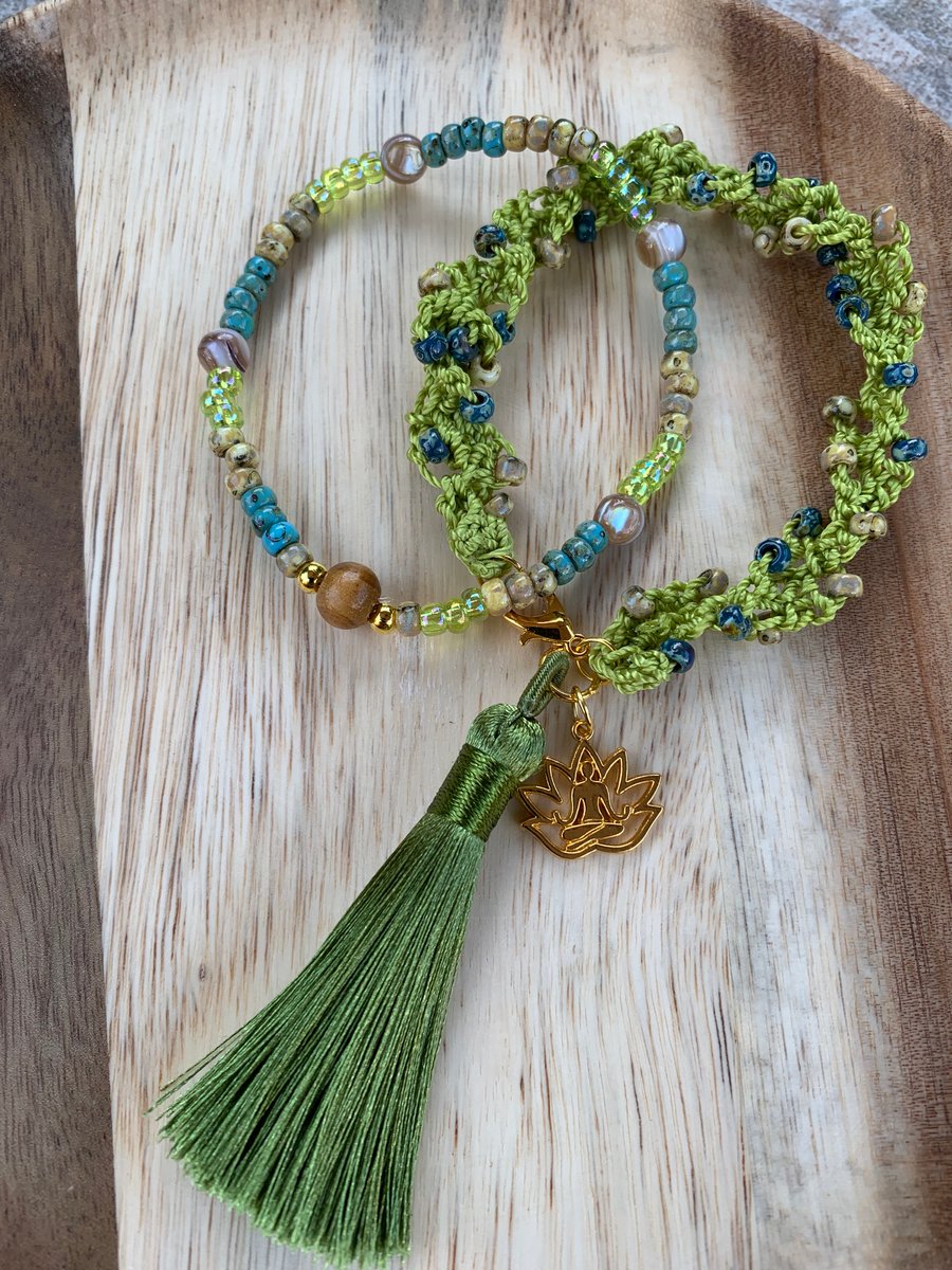 Chartreuse Green Stacking Bracelets with Gold Plated Lotus Charm & Tassel 
