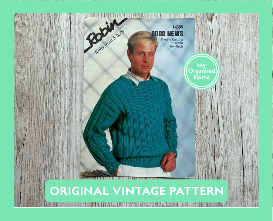 Robin 14399 vintage men’s sweater jumper knitting pattern, 1980s, ORIGINAL