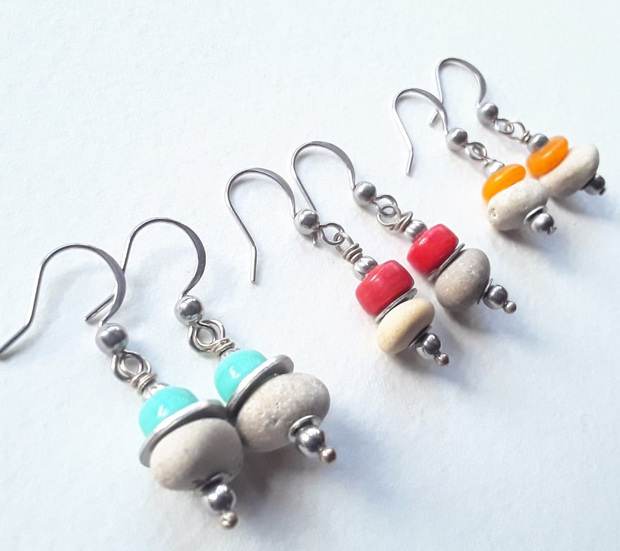 Sweet Little Beach Pebble Earrings with Coloured Glass Bead