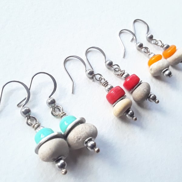 Sweet Little Beach Pebble Earrings with Coloured Glass Bead