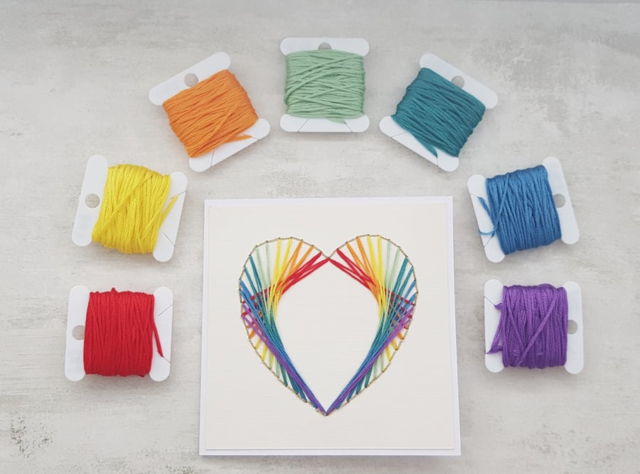 Rainbow Heart Hand Embroidered Card, Keepsake Card, Anniversary Card