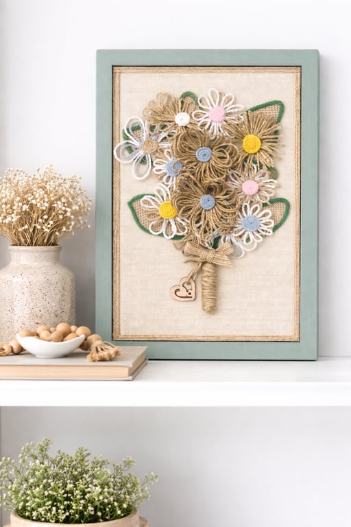 Handmade Twine Flower Wall Art Rustic Floral Wall Decor Jute Bouquet Frame