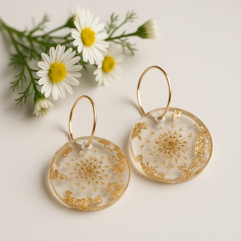 White Flower Resin Hoop Earrings – Gold Leaf Botanical Dangle Drops