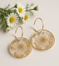 White Flower Resin Hoop Earrings – Gold Leaf Botanical Dangle Drops