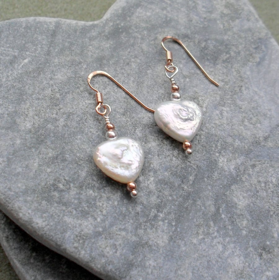 Freshwater Heart Shaped Pearl Earrings Sterling Silver and Rose Gold Vermeil