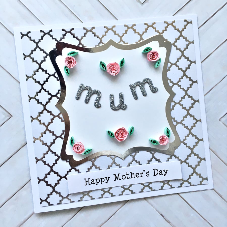 Luxury silver foiled Mother’s Day card - quilled roses with boxed option 