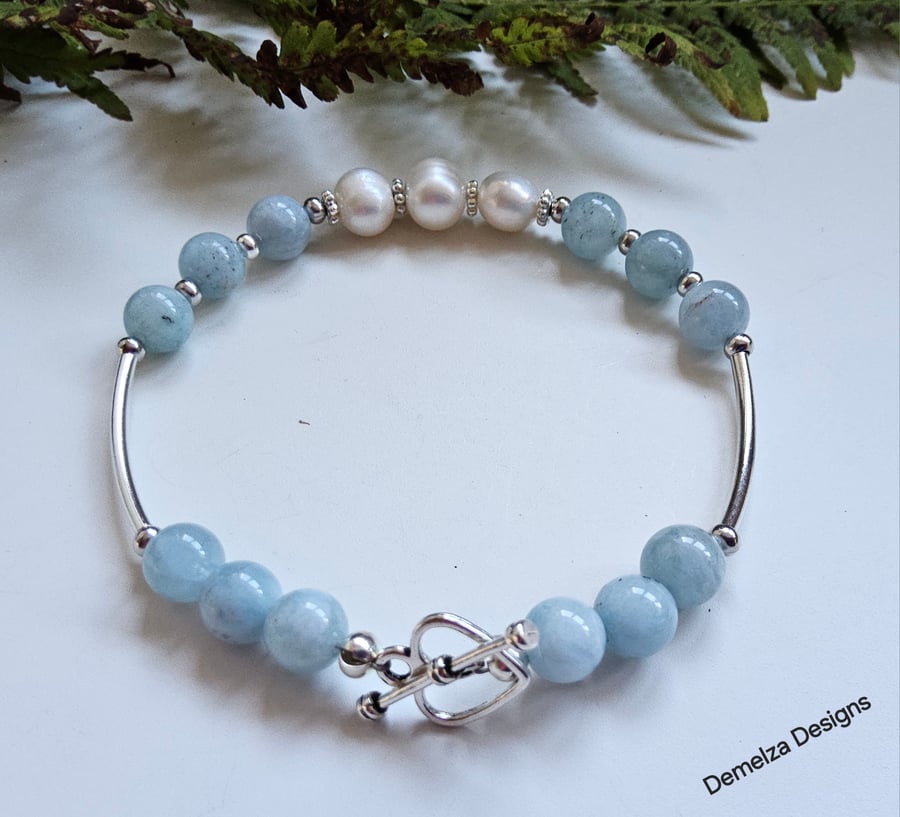 Aquamarine & Freshwater Pearl Designer Bracelet 