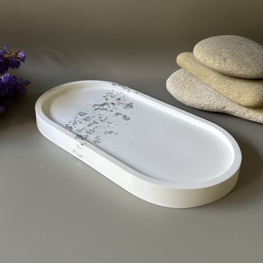 White Oval Shaped Tray with Silver Leaf and Rose Quartz