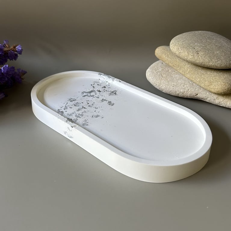 White Oval Shaped Tray with Silver Leaf and Rose Quartz