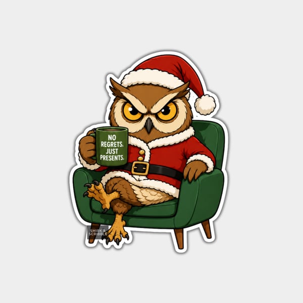 Unique Funny Christmas Sticker Xmas Decal - Owl In Armchair