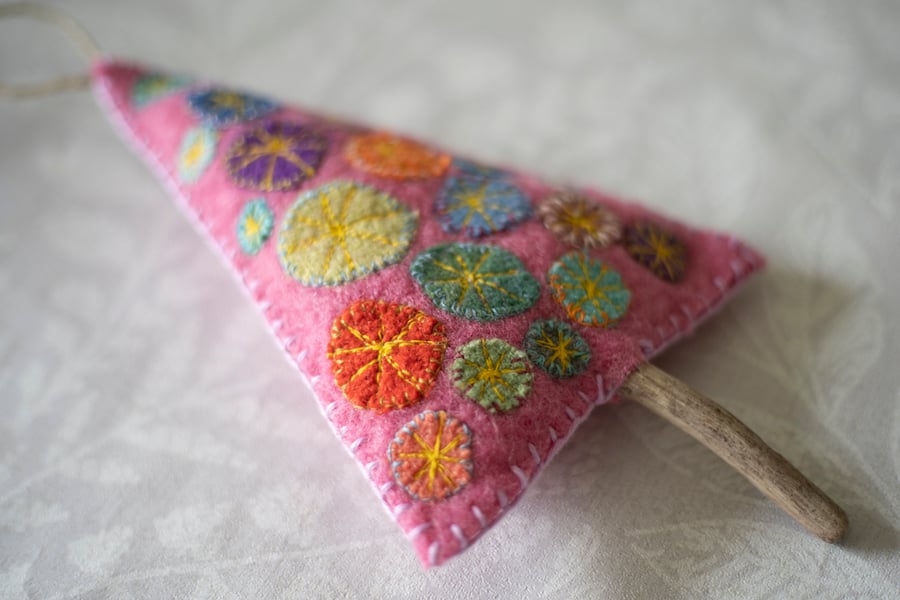 Dyed Pink Wool and Driftwood Quirky Hanging Christmas Tree Driftwood Decoration