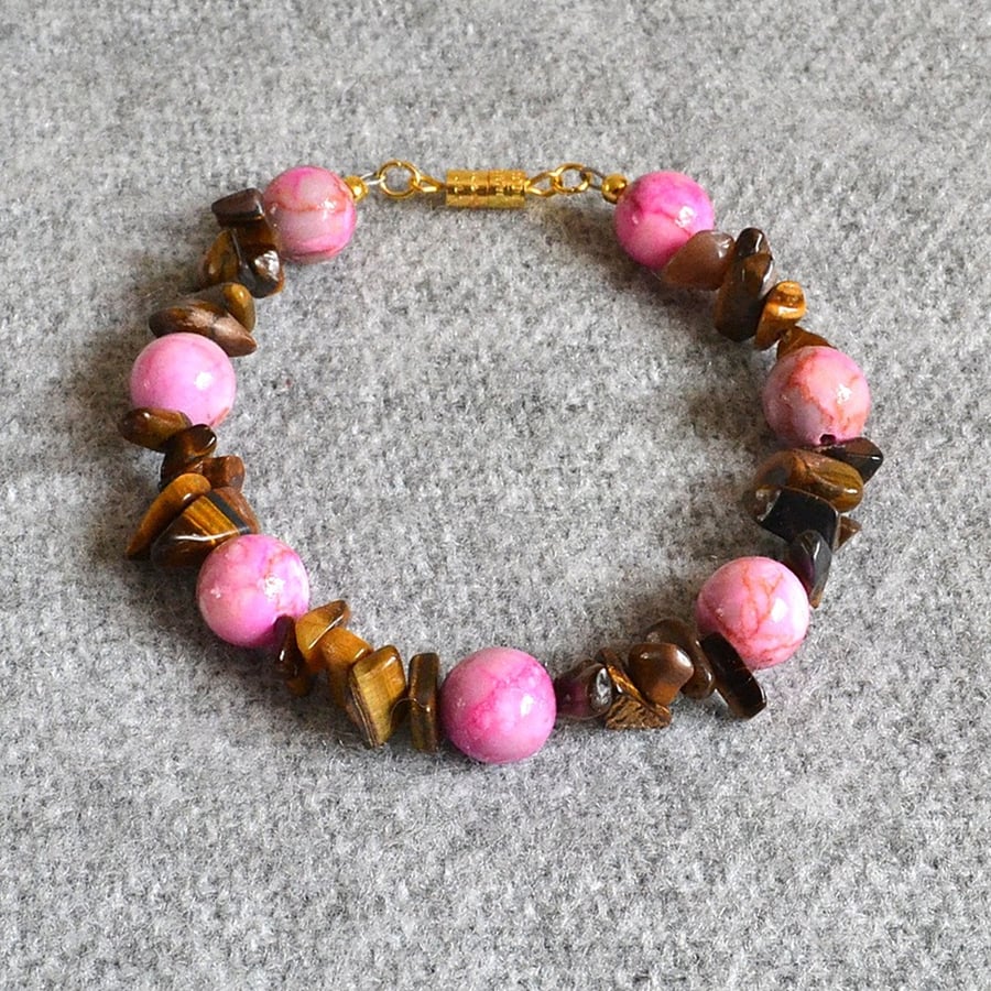 Tiger’s Eye Chip and Hot Pink Stone Bead Bracelet