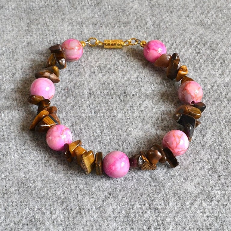 Tiger’s Eye Chip and Hot Pink Stone Bead Bracelet
