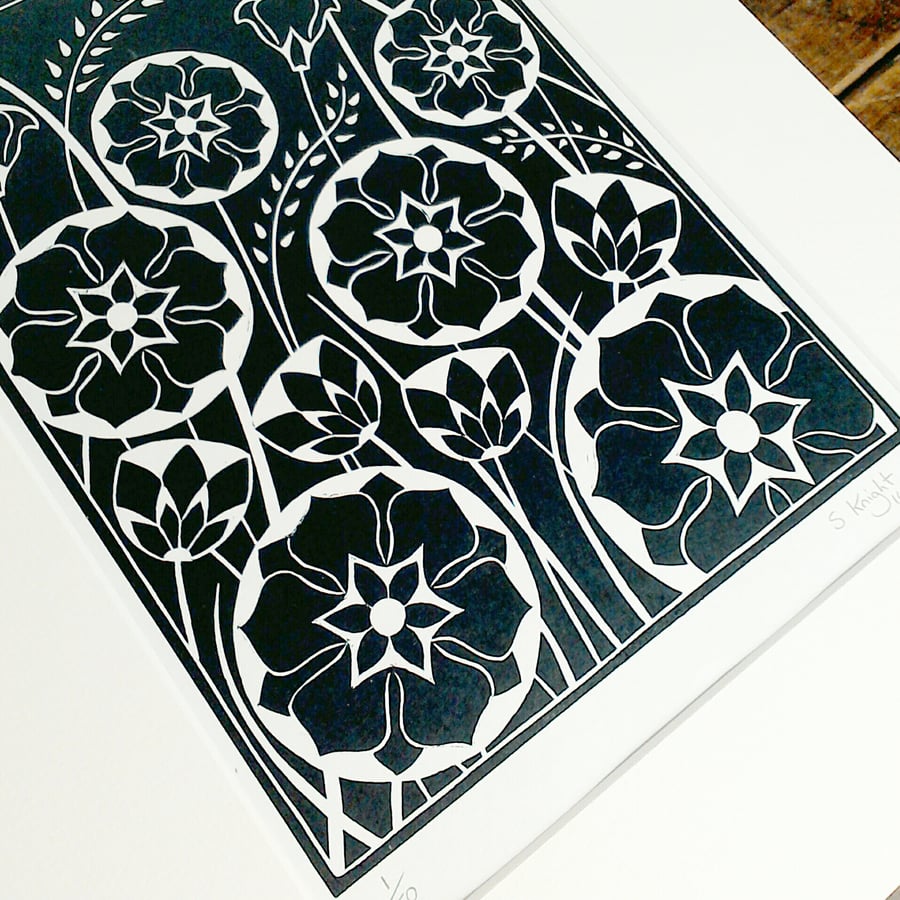 Black and White Flower Linoprint