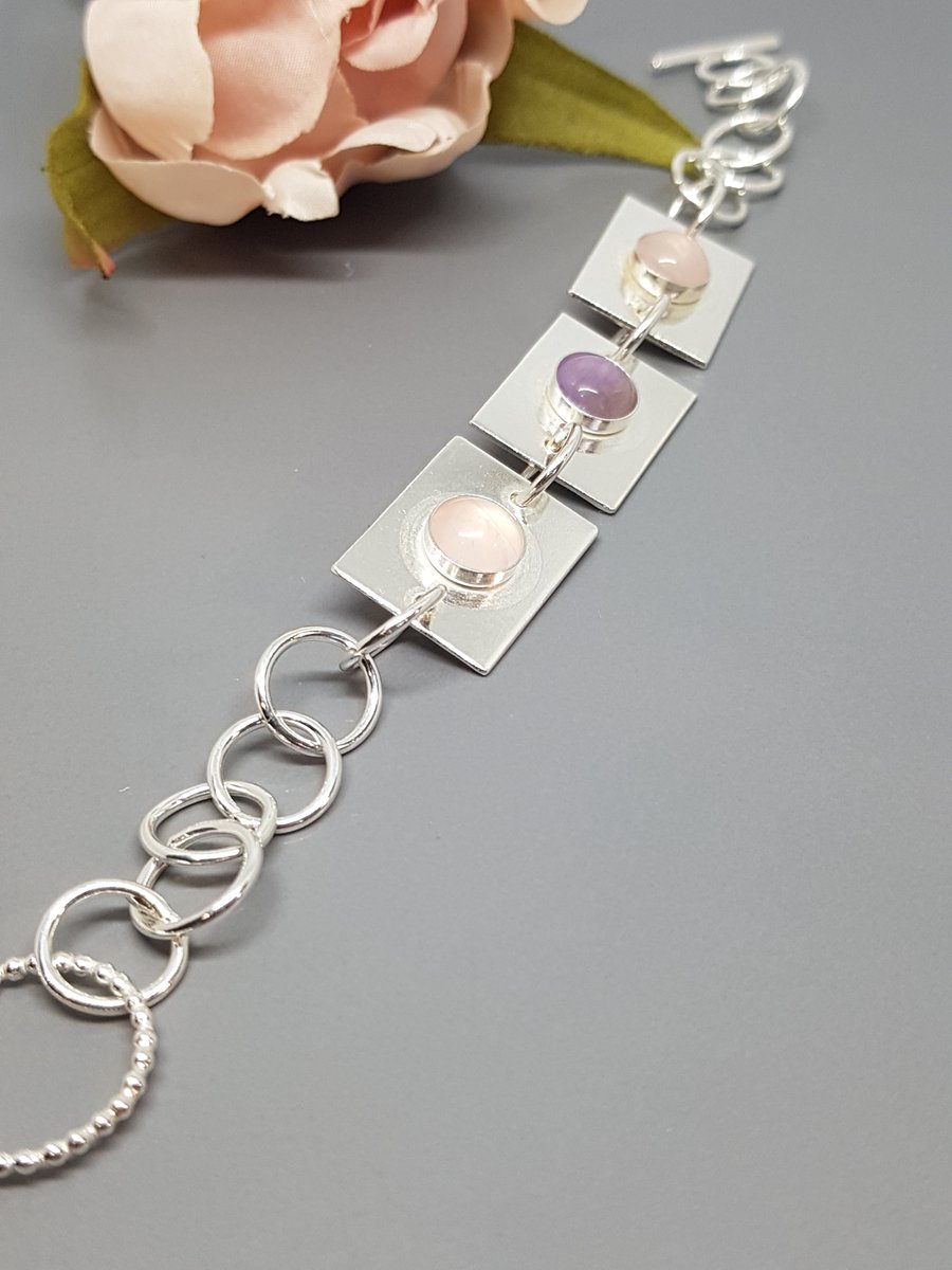 Rose Quartz and Lavender Amethyst Sterling Silver bracelet - Hallmarked