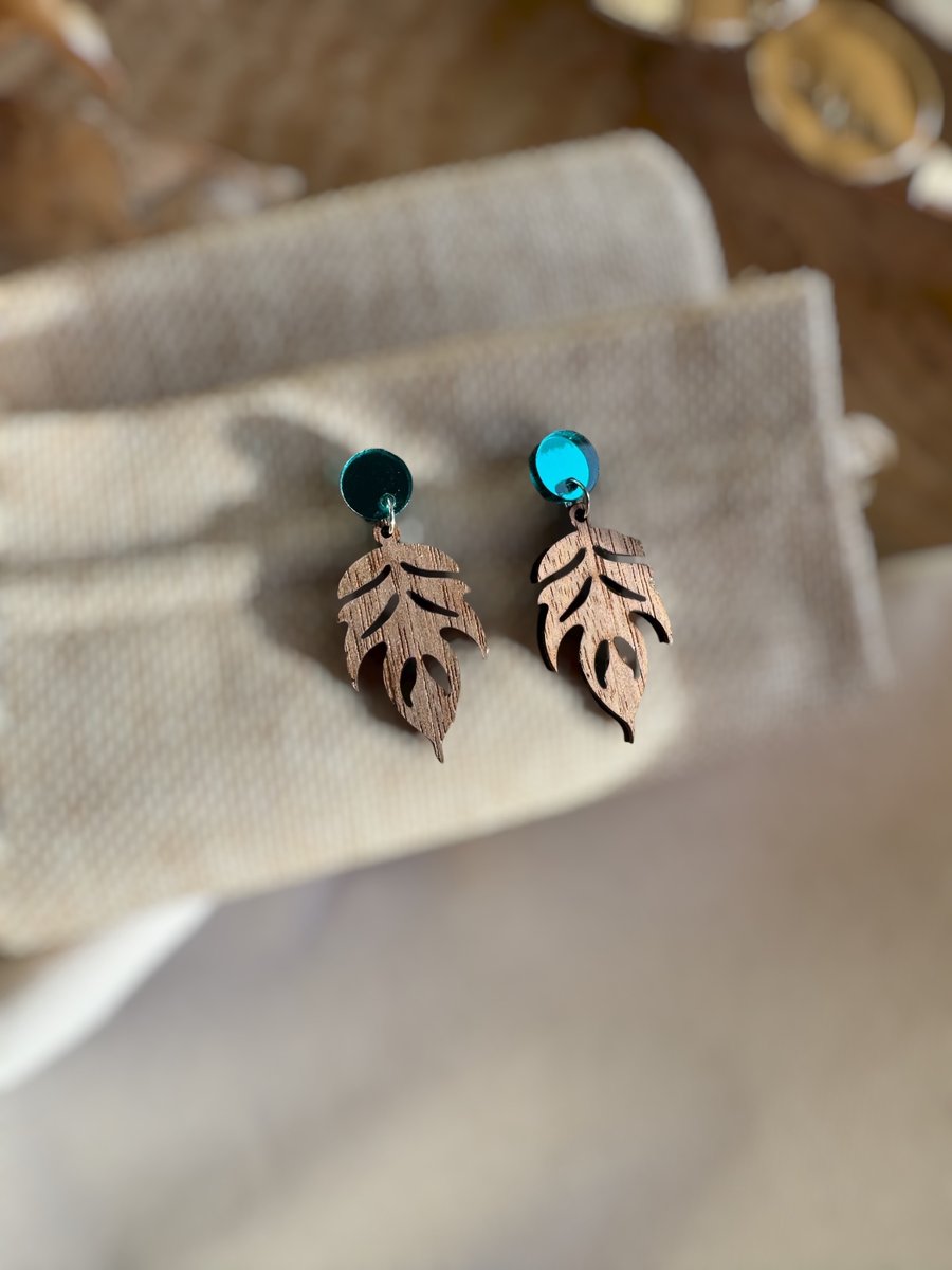 Walnut Wood Leaf Earrings - Elegant Botanical Teal Statement Dangles