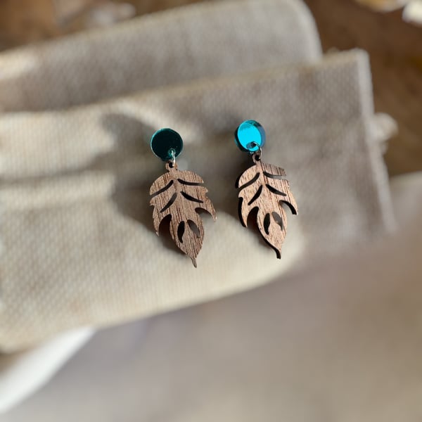 Walnut Wood Leaf Earrings - Elegant Botanical Teal Statement Dangles
