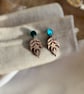 Walnut Wood Leaf Earrings - Elegant Botanical Teal Statement Dangles