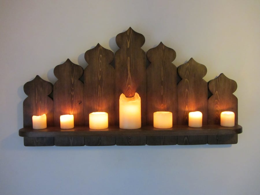 Large 82cm Moroccan style floating shelf rustic wood led candle holder