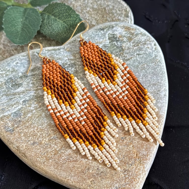 Handmade Miyuki seed bead fringe earrings in earthy tones