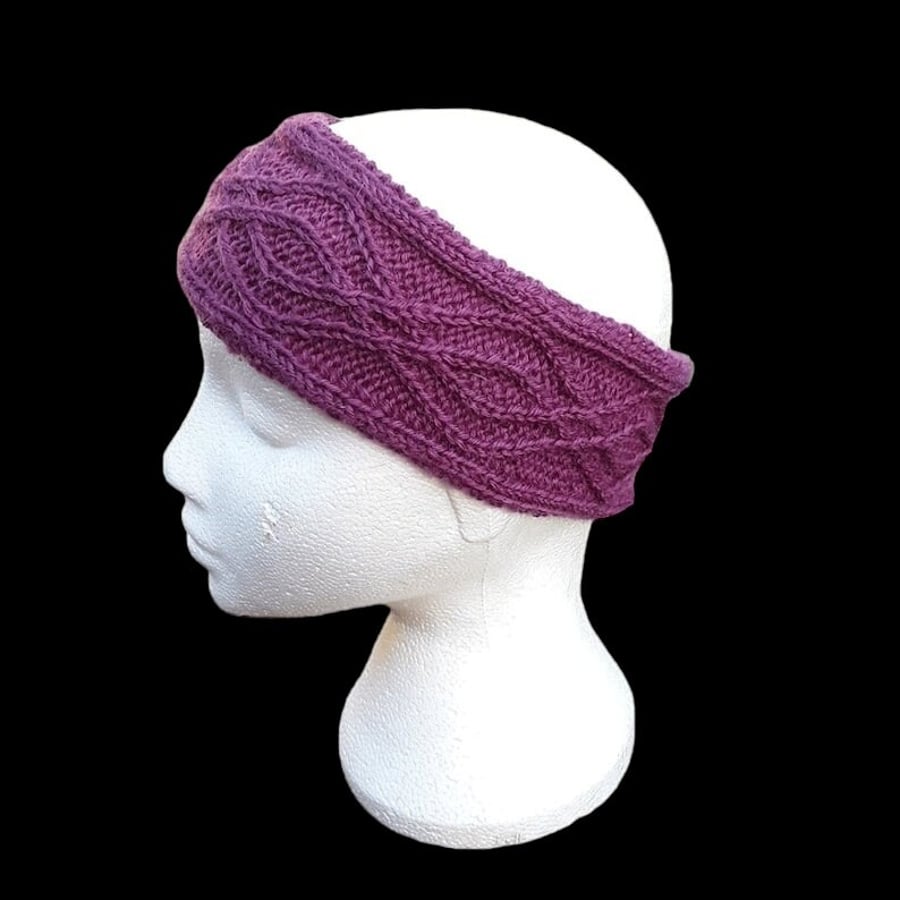 Hand knitted ladies magenta headband ear warmer with double diamond pattern 