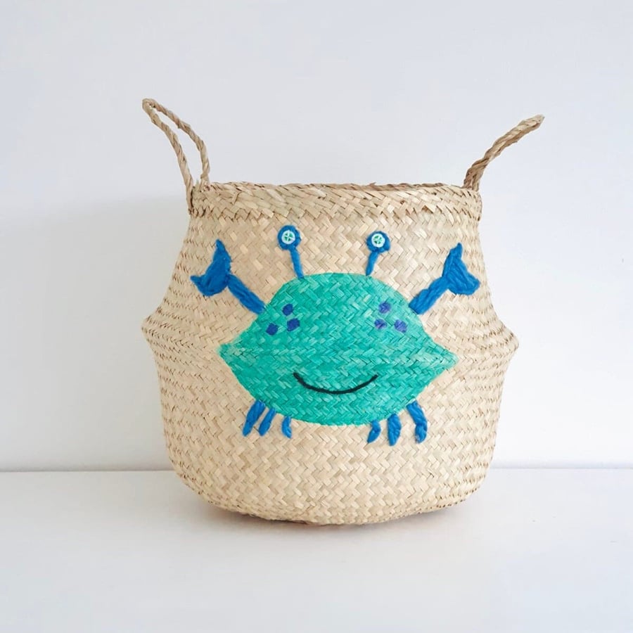 Green & blue crab seagrass belly basket for kids toy storage