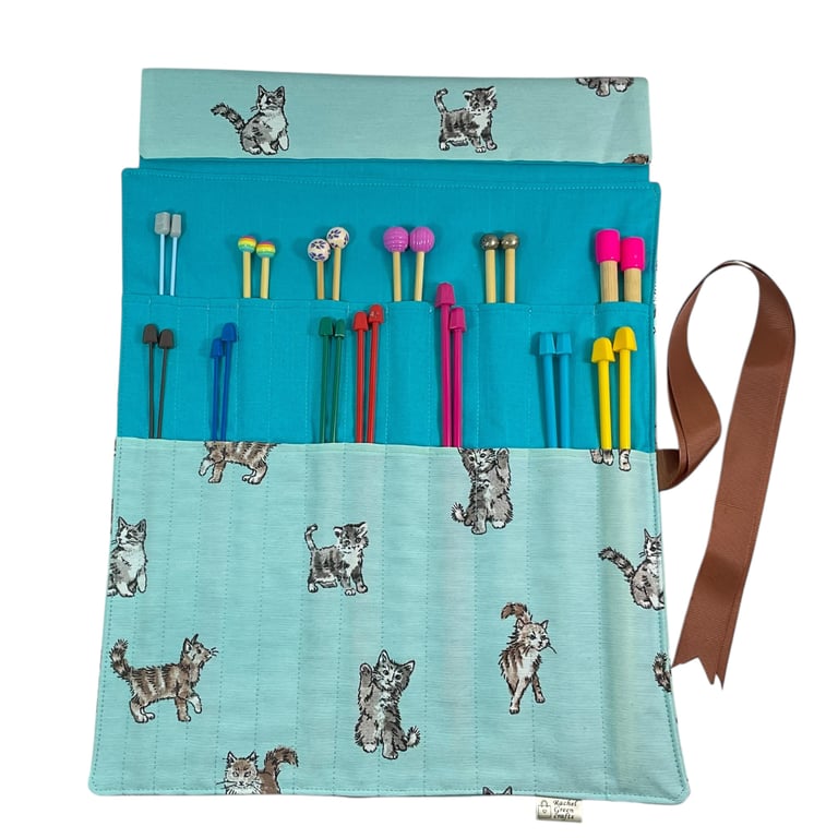 Straight knitting needle case with cats, needle roll ,needle case, needle pouch