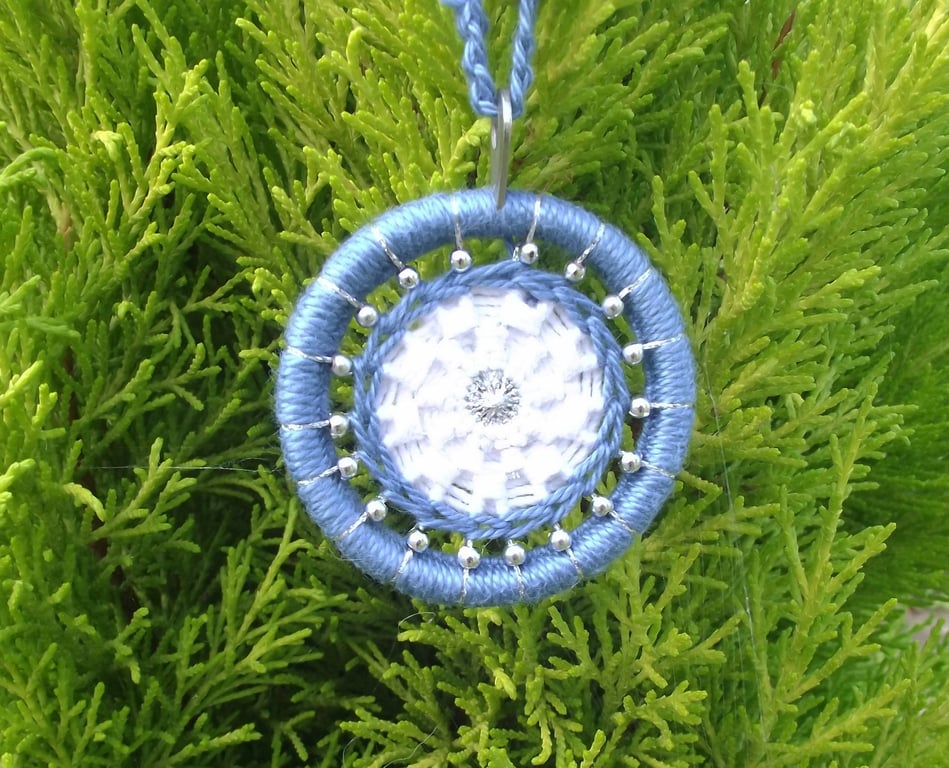 Christmas Decoration, Dorset Button, Blue, White, Silver,  Beads, Handmade