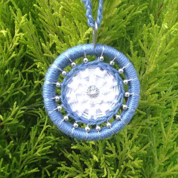 Christmas Decoration, Dorset Button, Blue, White, Silver,  Beads, Handmade