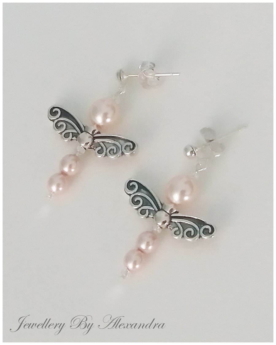 Pearly Dragonfly Earrings-Pink