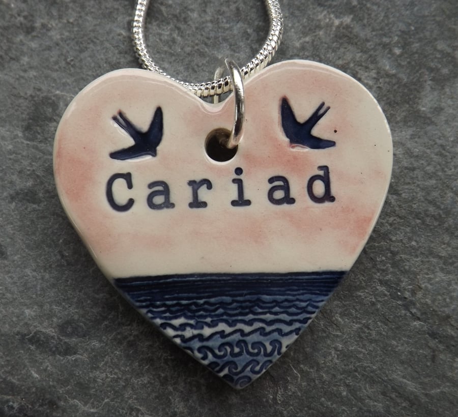 Handmade Ceramic Calon Cariad Heart pendant