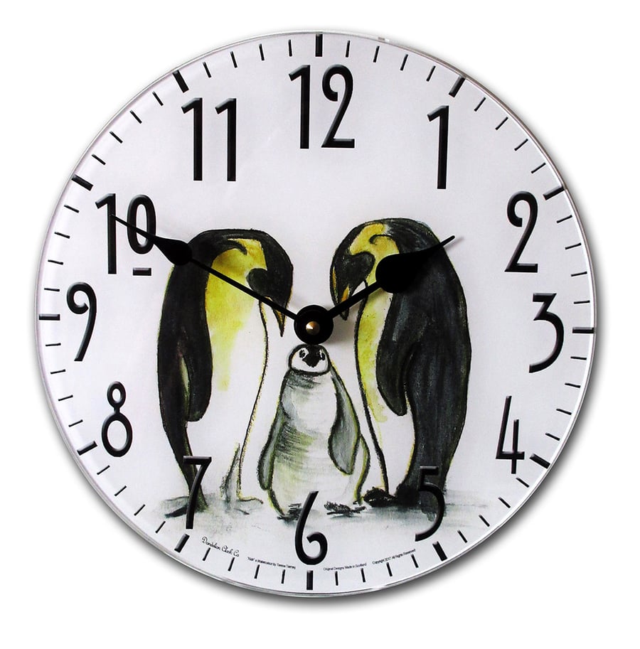 Water coloured Painting Penguin Clock 25cm round 