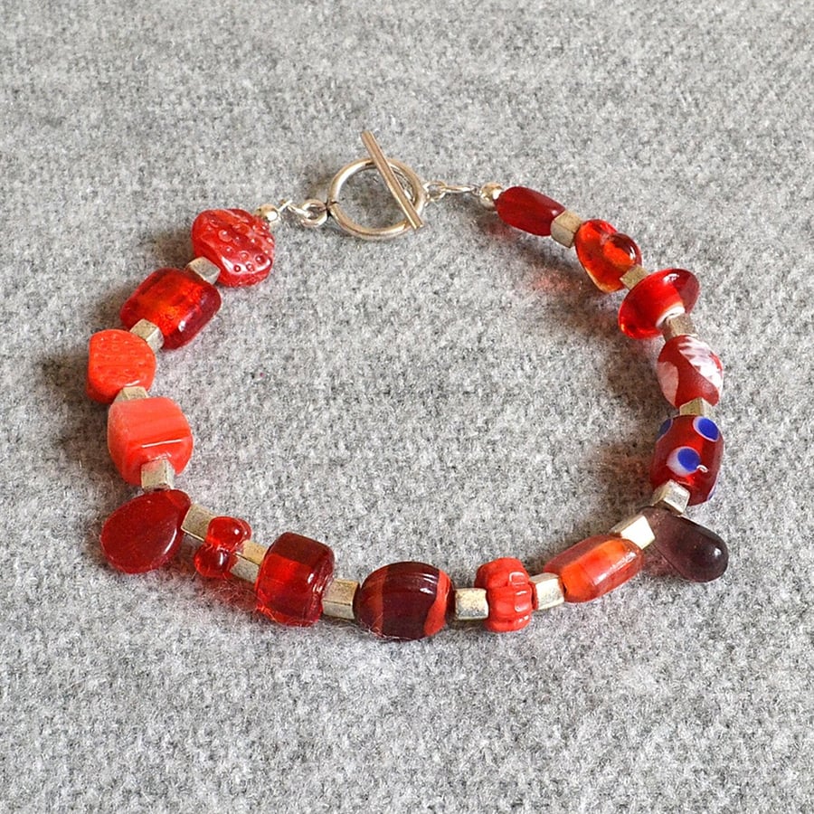 Quirky Mixed Red Glass Bead and Square Silver Glass Spacer Bead Bracelet