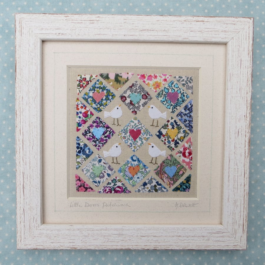 Little Doves Patchwork, framed, finely hand-stitched applique with tiny doves