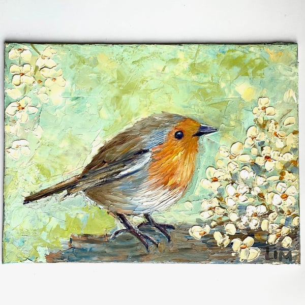 Bird Painting Original Art Robin Bird Wall Art Impasto Wildlife Artwork Tree Nat