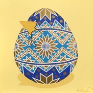 Golden Egg Original Painting - blue and yellow Ukraine style decorated egg