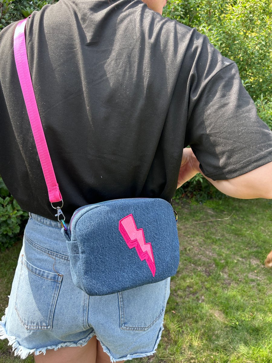 Embroidered Denim Crossbody Bag - Hot Pink Lightning