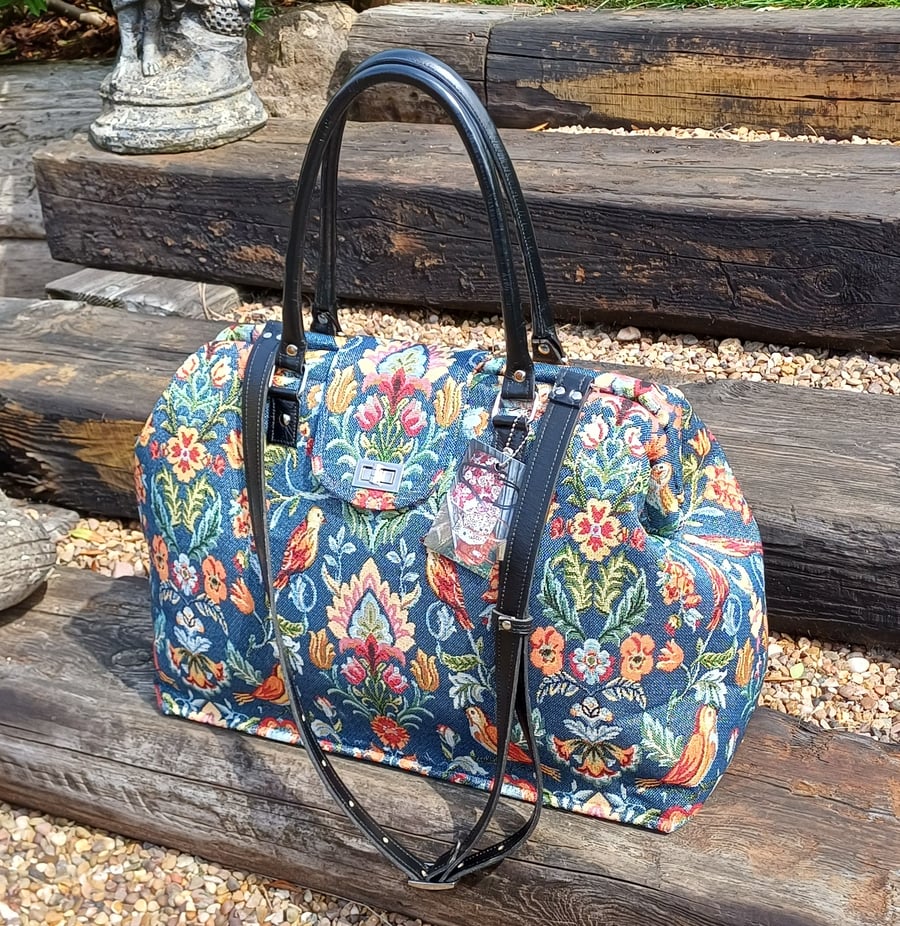 Mary Poppins style carpet bag Blue William Morris style tapestry weekend bag